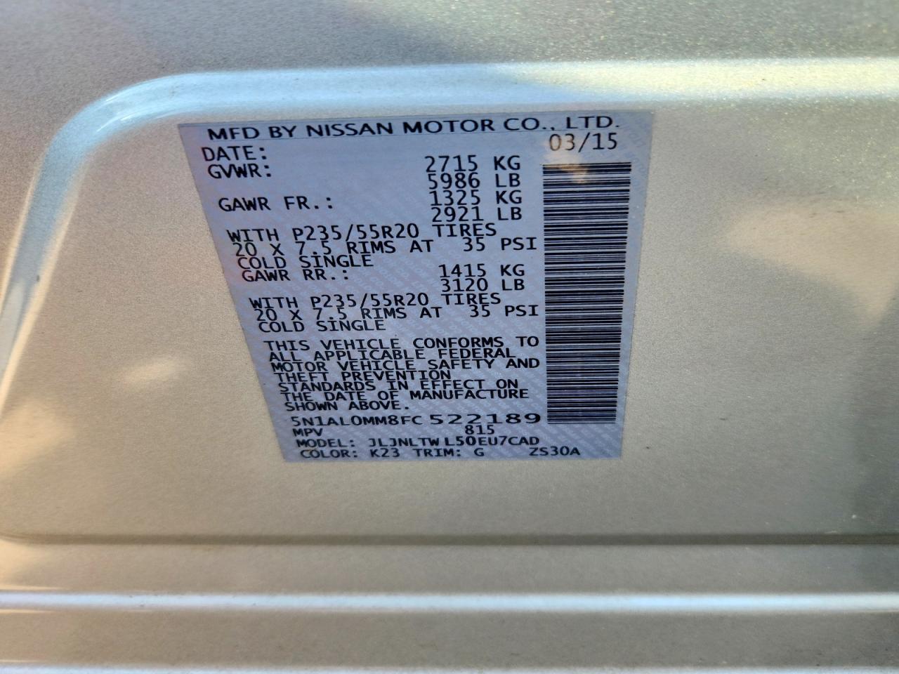 2015 Infiniti Qx60 Base Silver vin: 5N1AL0MM8FC522189
