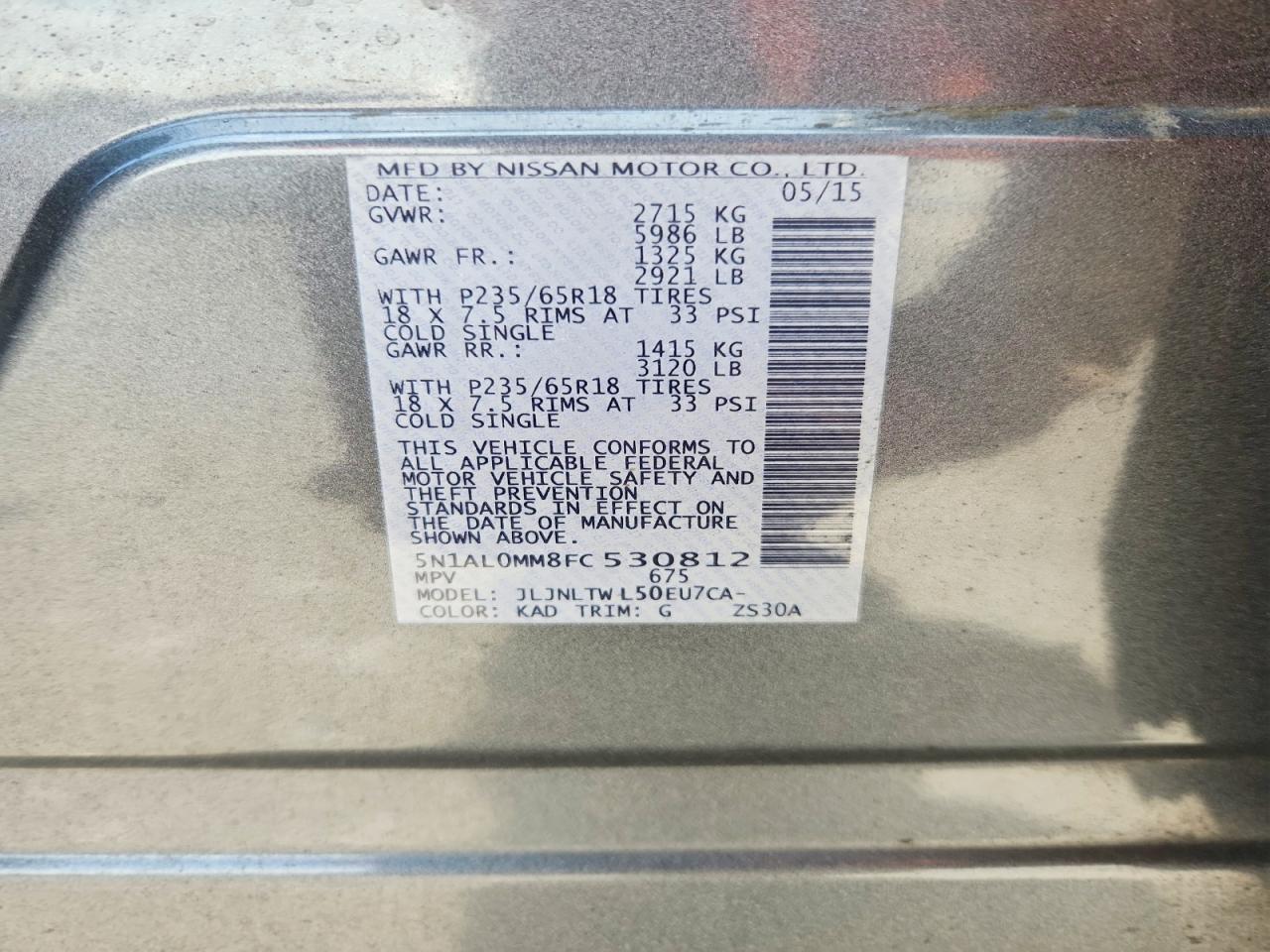 2015 Infiniti Qx60 Base Gray vin: 5N1AL0MM8FC530812