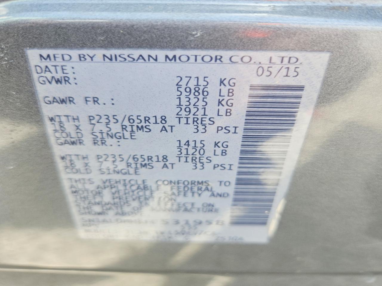 2015 Infiniti Qx60 Base Серый vin: 5N1AL0MM8FC531958