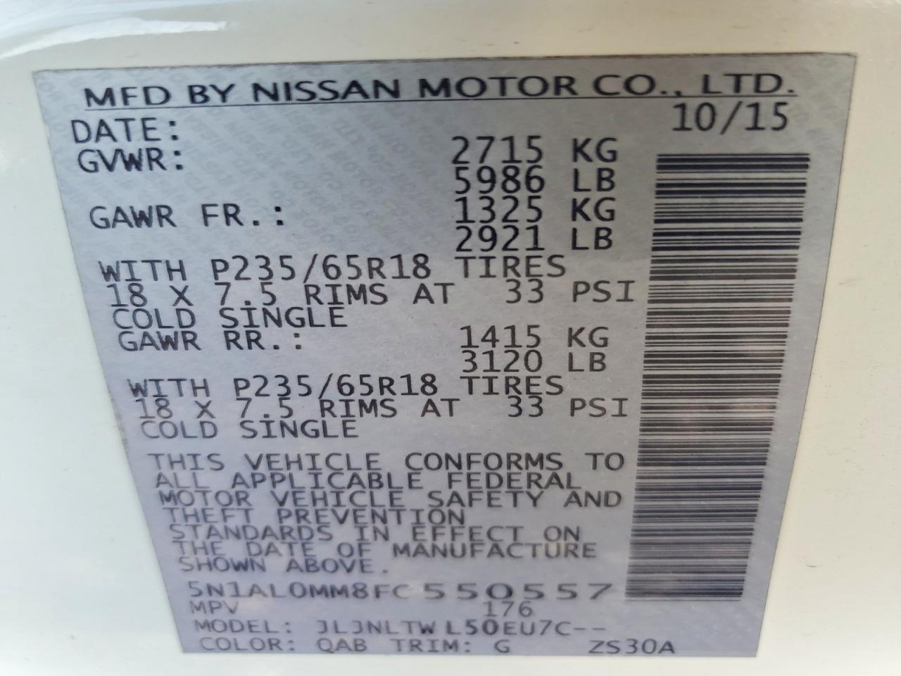 2015 Infiniti Qx60 Base White vin: 5N1AL0MM8FC550557