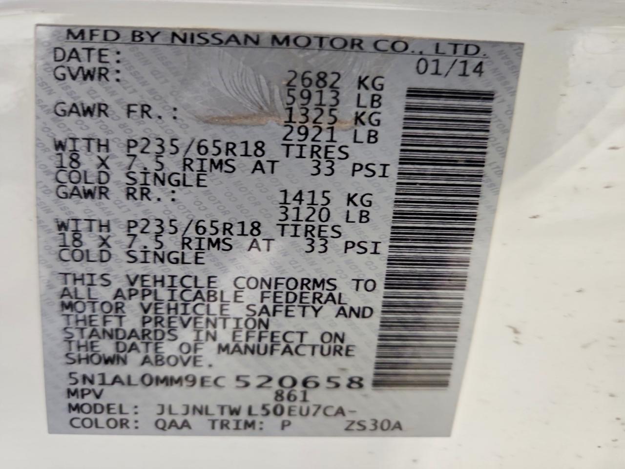 2014 Infiniti Qx60 Base White vin: 5N1AL0MM9EC520658