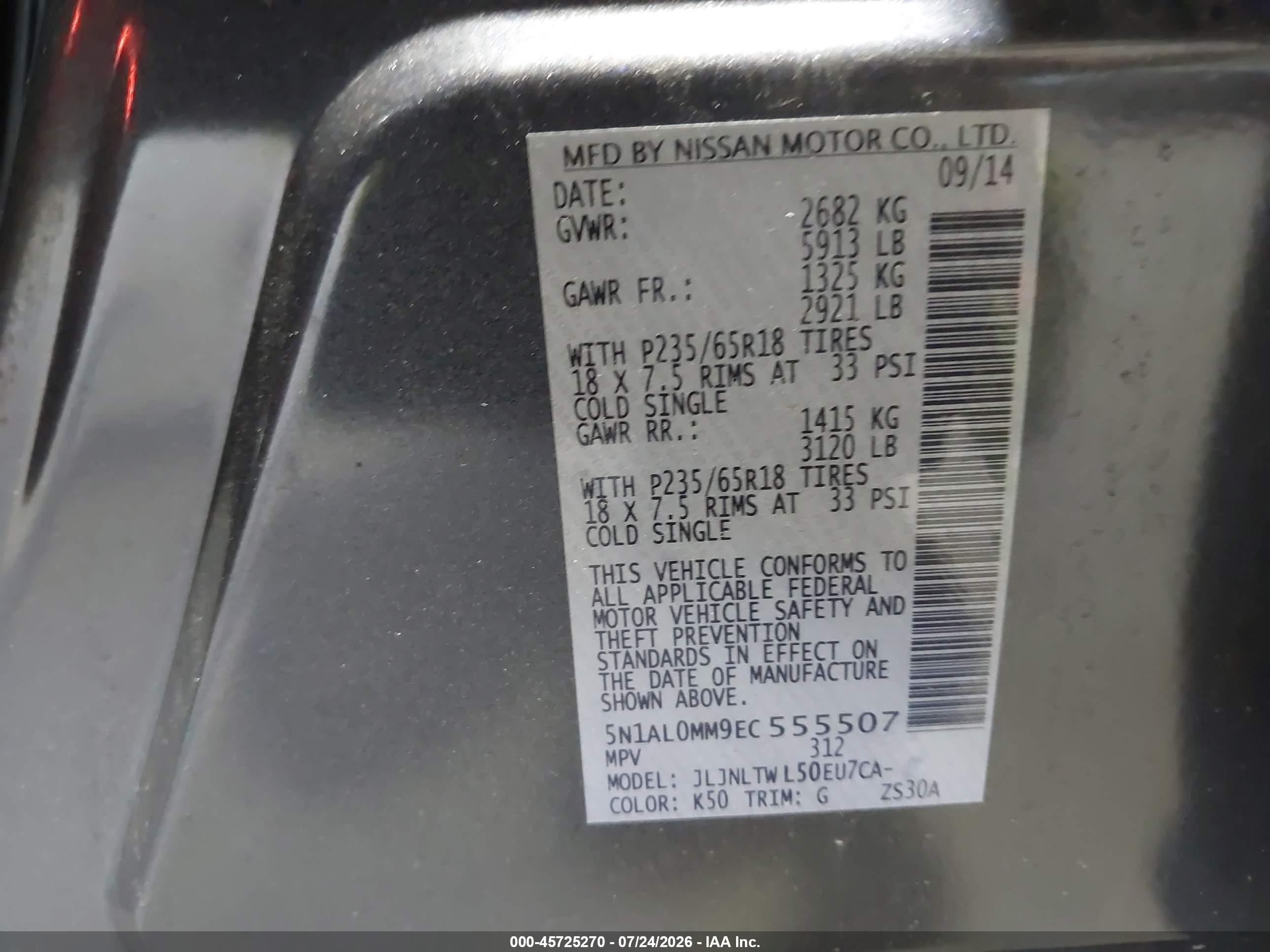 2014 Infiniti Qx60   Gray vin: 5N1AL0MM9EC555507