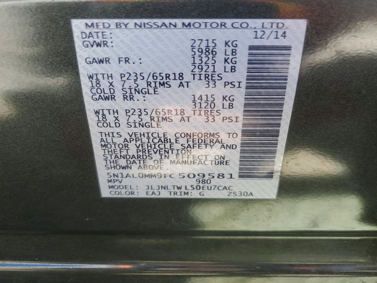 2015 Infiniti Qx60 Base Green vin: 5N1AL0MM9FC509581