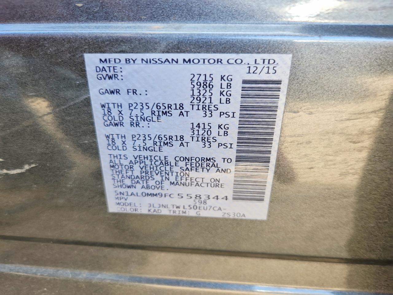 2015 Infiniti Qx60 Base Gray vin: 5N1AL0MM9FC558344