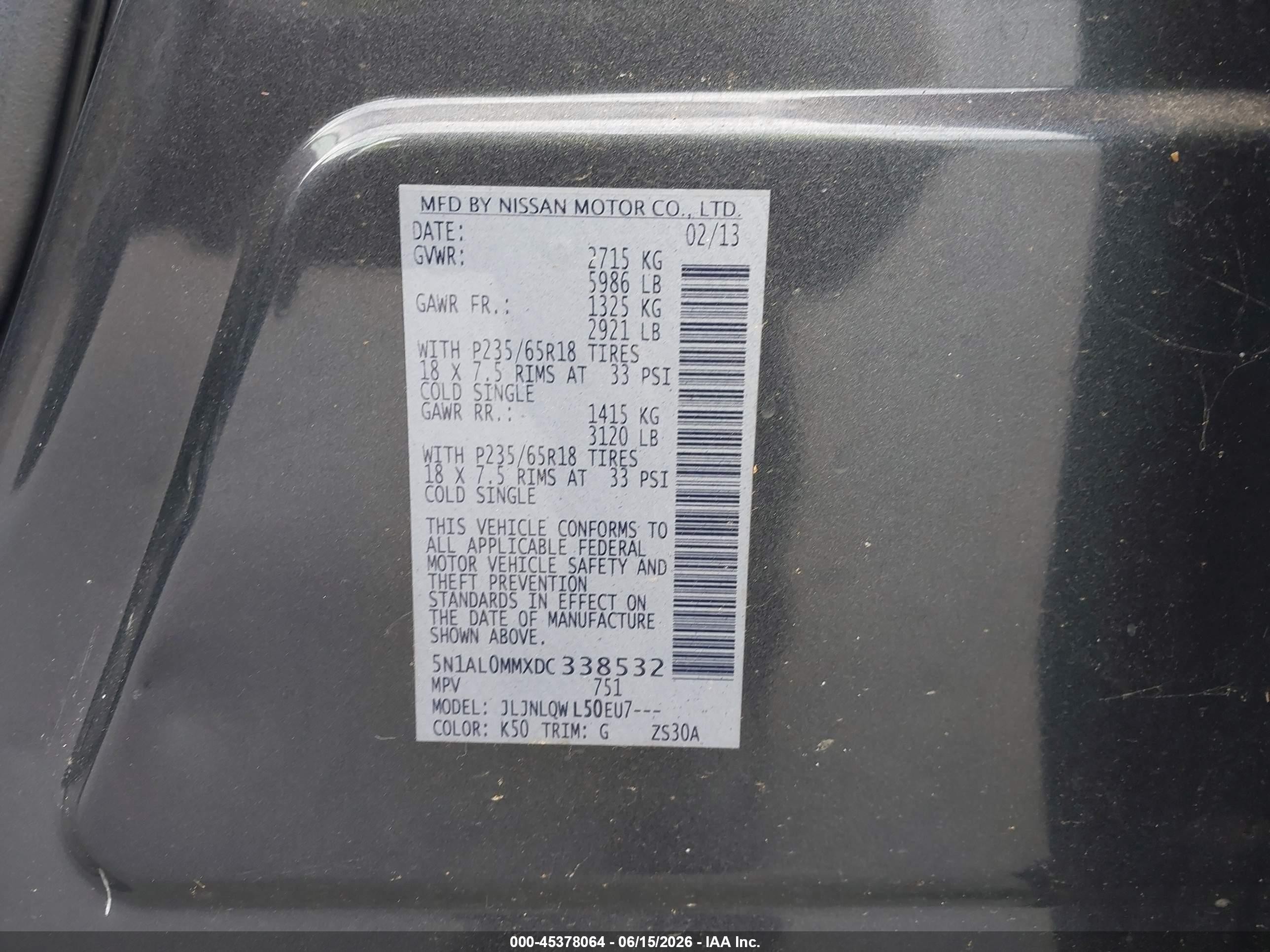 2013 Infiniti Jx35   Gray vin: 5N1AL0MMXDC338532