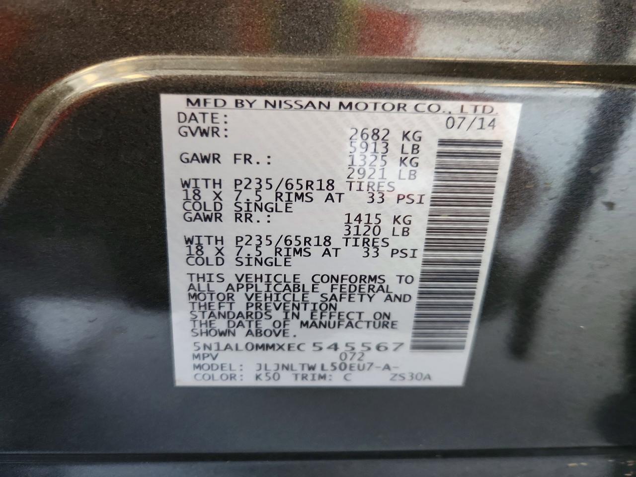2014 Infiniti Qx60 Base Charcoal vin: 5N1AL0MMXEC545567