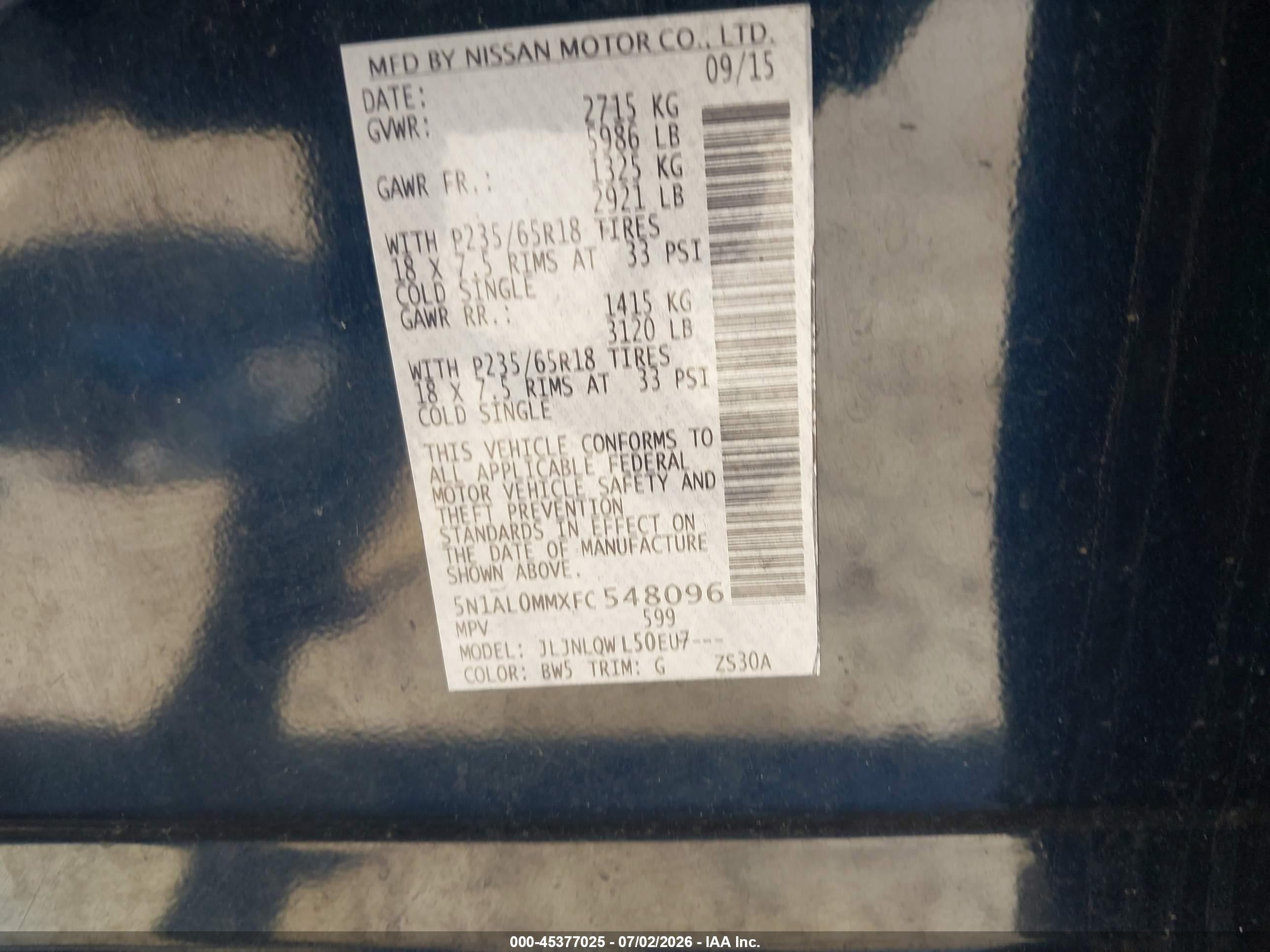 2015 Infiniti Qx60   Blue vin: 5N1AL0MMXFC548096