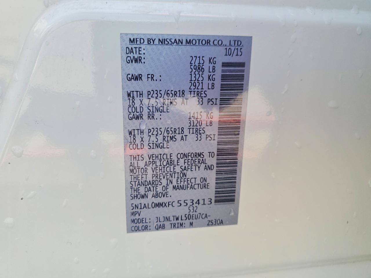 2015 Infiniti Qx60 Base White vin: 5N1AL0MMXFC553413