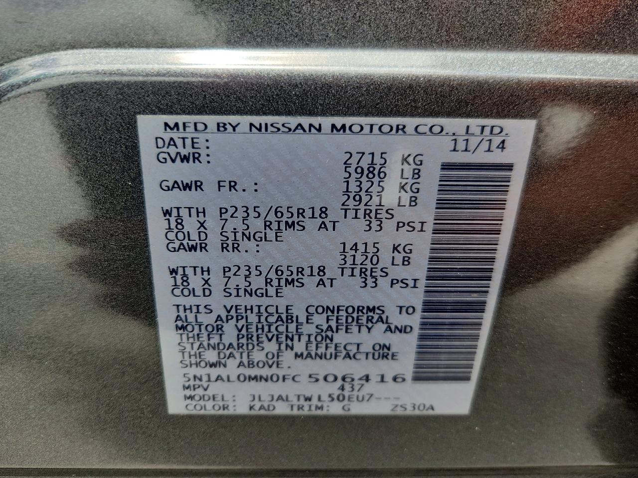 2015 Infiniti Qx60 Base Gray vin: 5N1AL0MN0FC506416