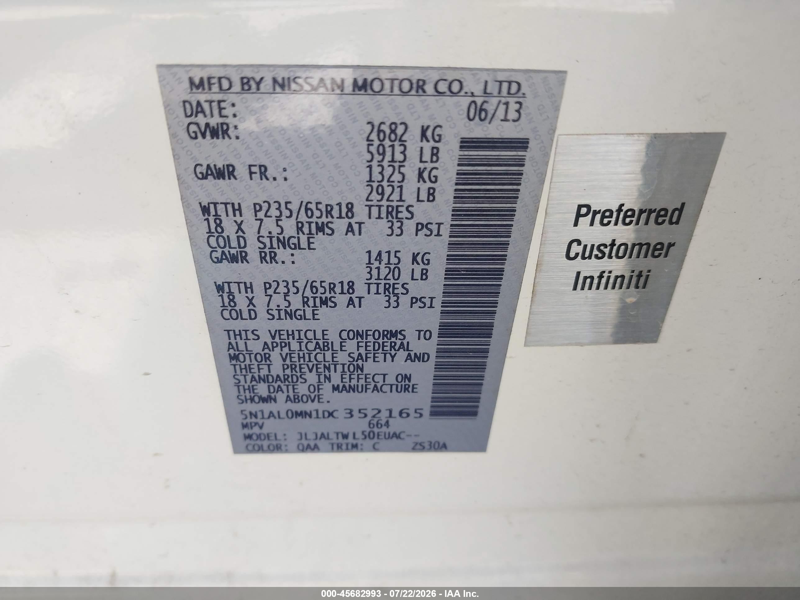 2013 Infiniti Jx35 White vin: 5N1AL0MN1DC352165