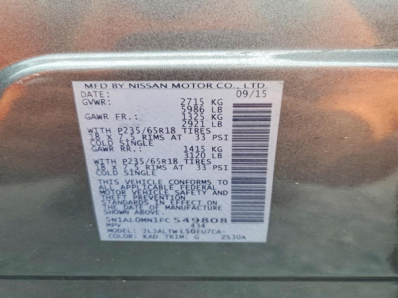 2015 Infiniti Qx60 Base Gray vin: 5N1AL0MN1FC549808