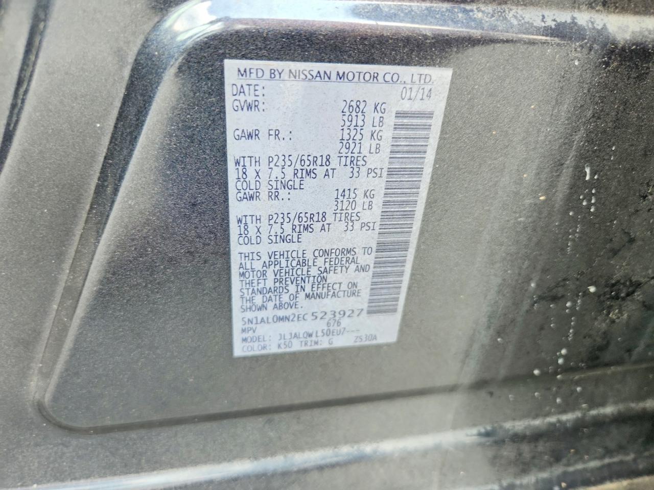 2014 Infiniti Qx60 Base Charcoal vin: 5N1AL0MN2EC523927