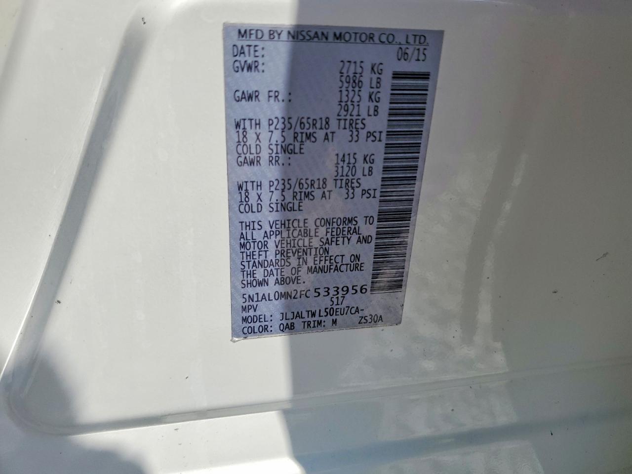 2015 Infiniti Qx60 Base White vin: 5N1AL0MN2FC533956
