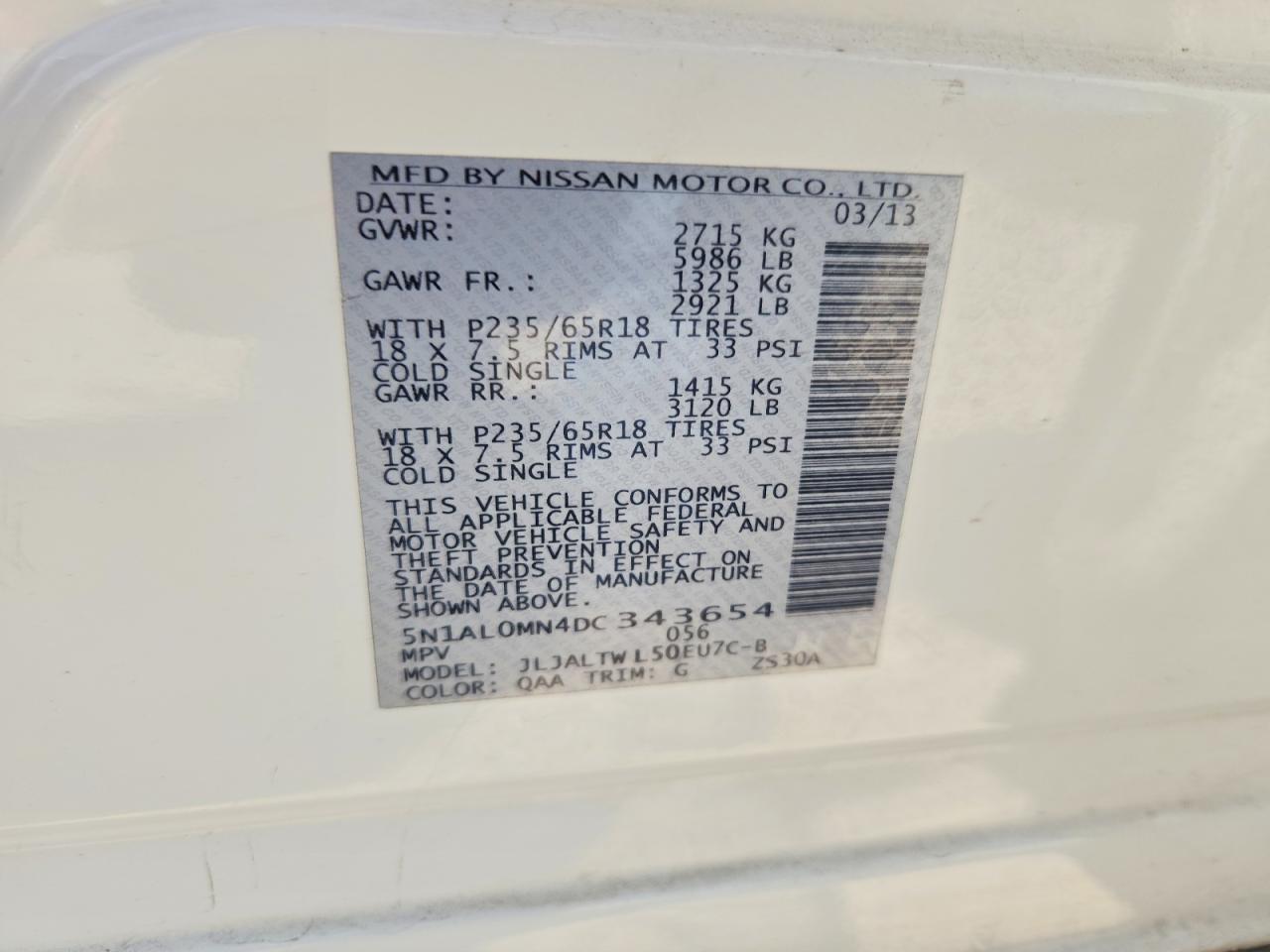 2013 Infiniti Jx35 Base White vin: 5N1AL0MN4DC343654