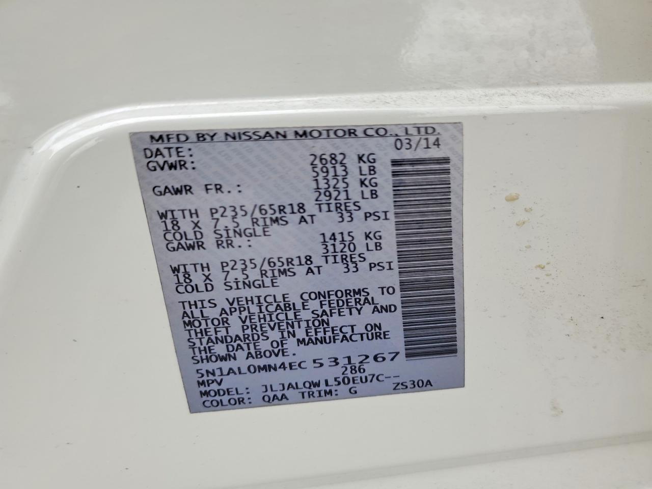 2014 Infiniti Qx60 White vin: 5N1AL0MN4EC531267