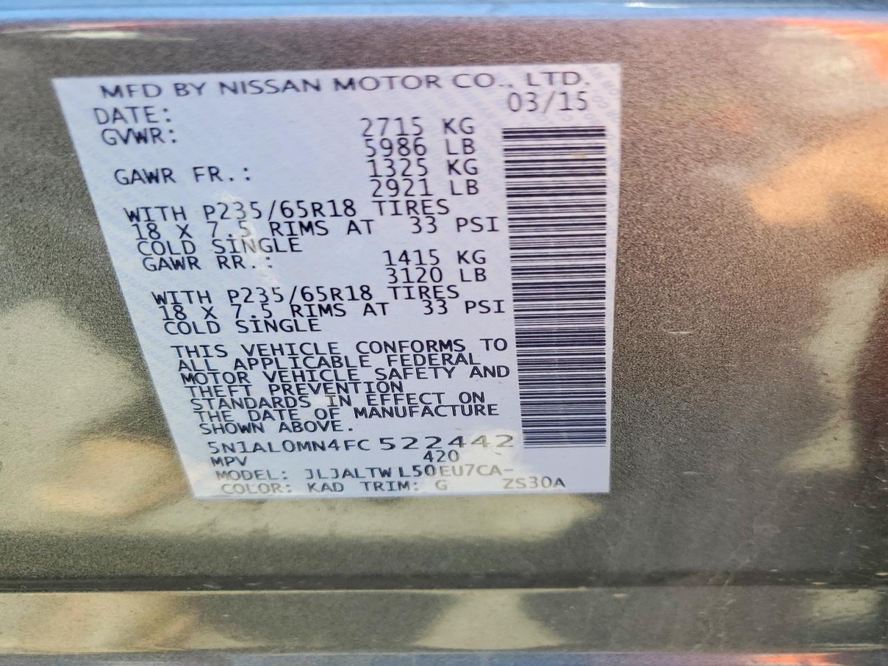 2015 Infiniti Qx60 Base Gray vin: 5N1AL0MN4FC522442
