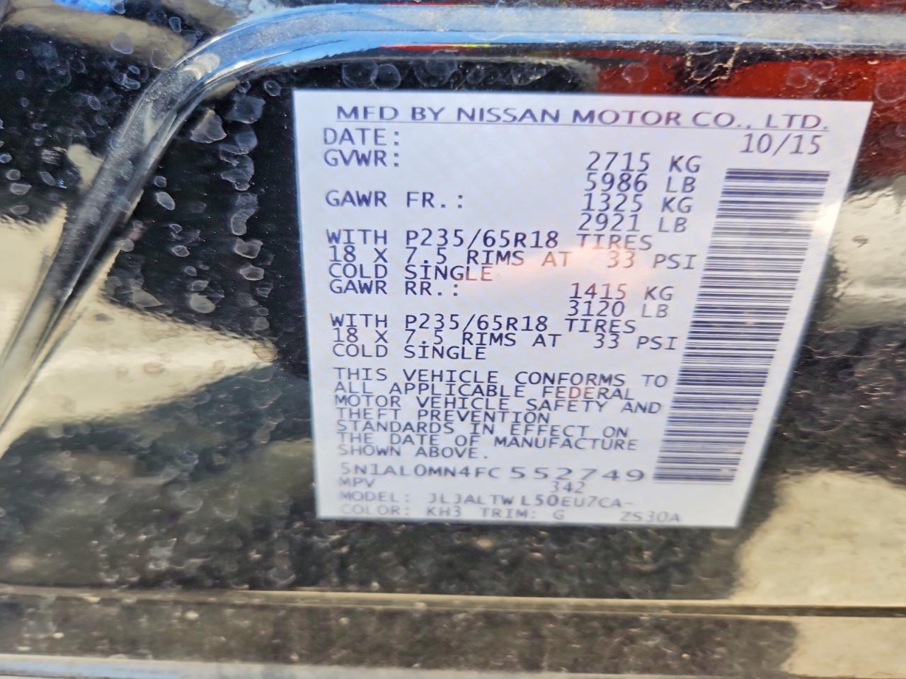 2015 Infiniti Qx60 Base Black vin: 5N1AL0MN4FC552749