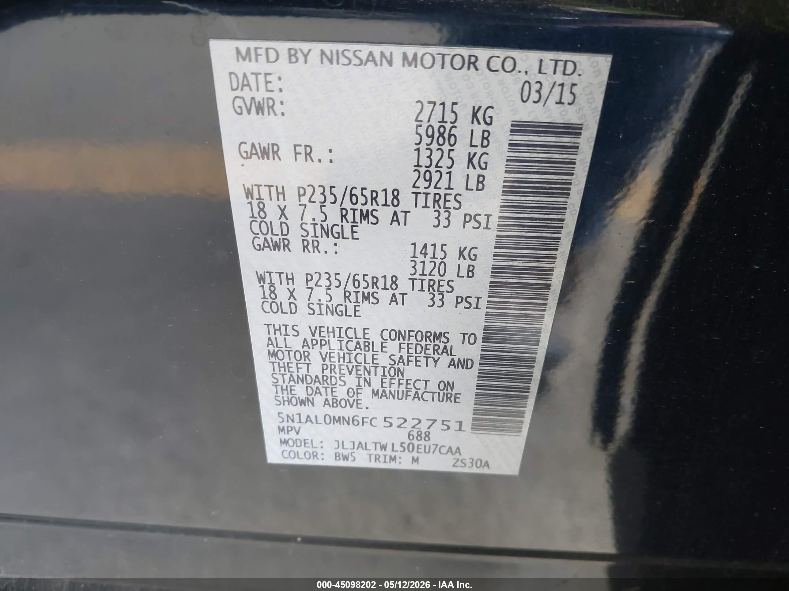 2015 Infiniti Qx60   Blue vin: 5N1AL0MN6FC522751