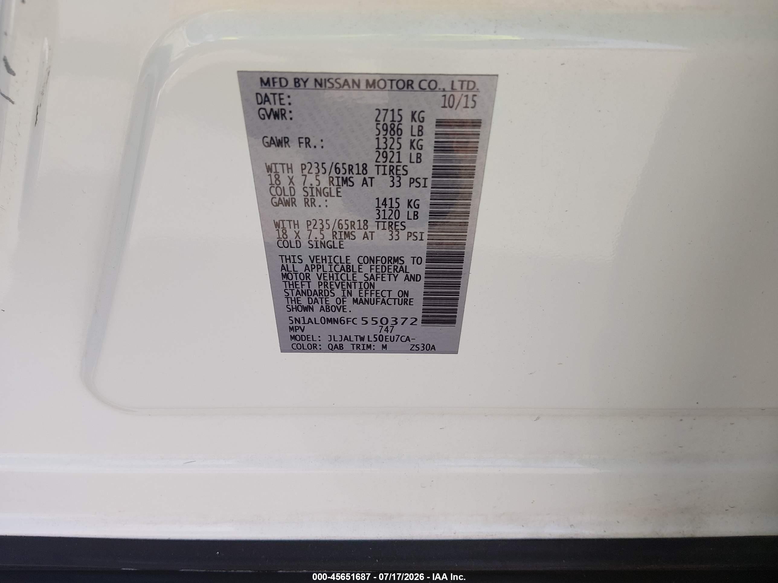 2015 Infiniti Qx60 White vin: 5N1AL0MN6FC550372