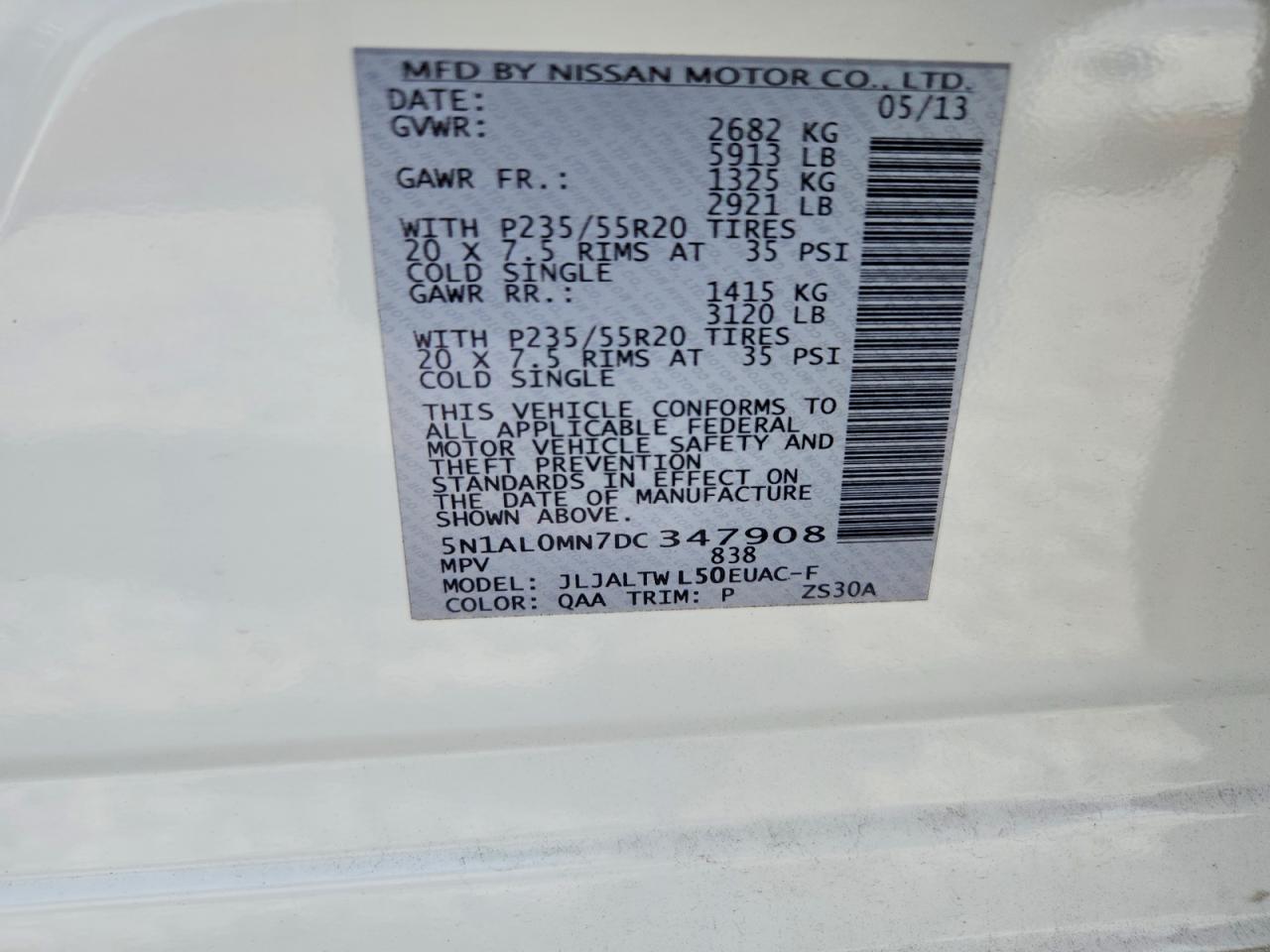 2013 Infiniti Jx35 Base White vin: 5N1AL0MN7DC347908