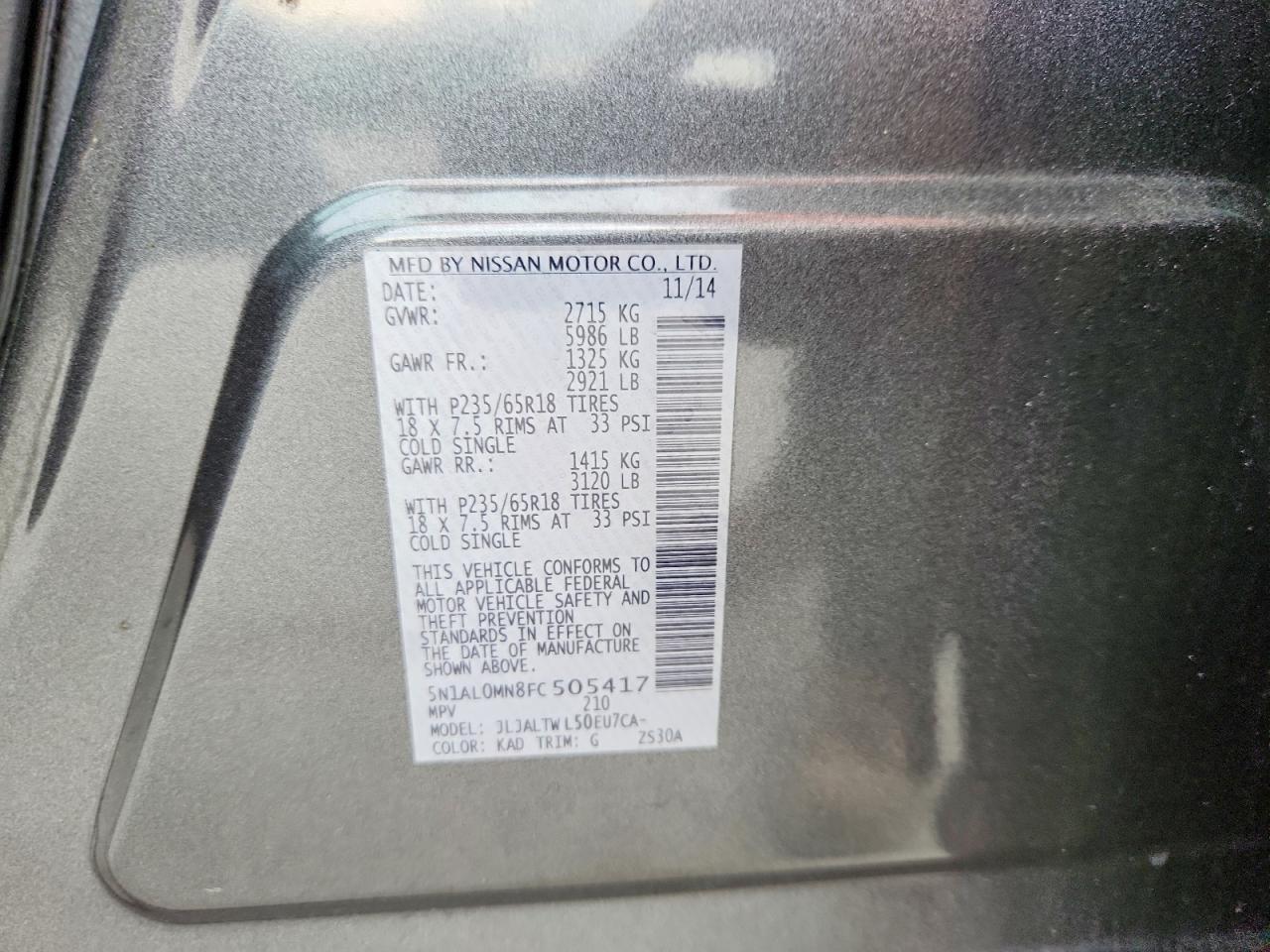 2015 Infiniti Qx60 Base Silver vin: 5N1AL0MN8FC505417