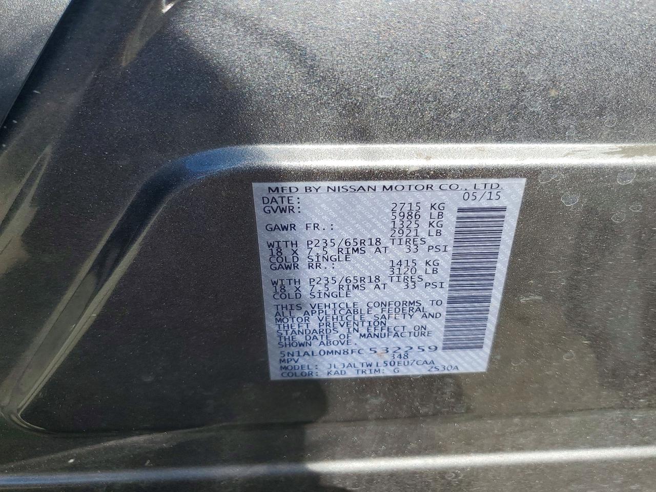 2015 Infiniti Qx60 Base Charcoal vin: 5N1AL0MN8FC532259