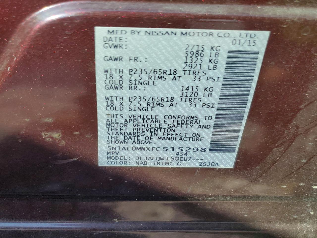2015 Infiniti Qx60 Base Burgundy vin: 5N1AL0MNXFC515298