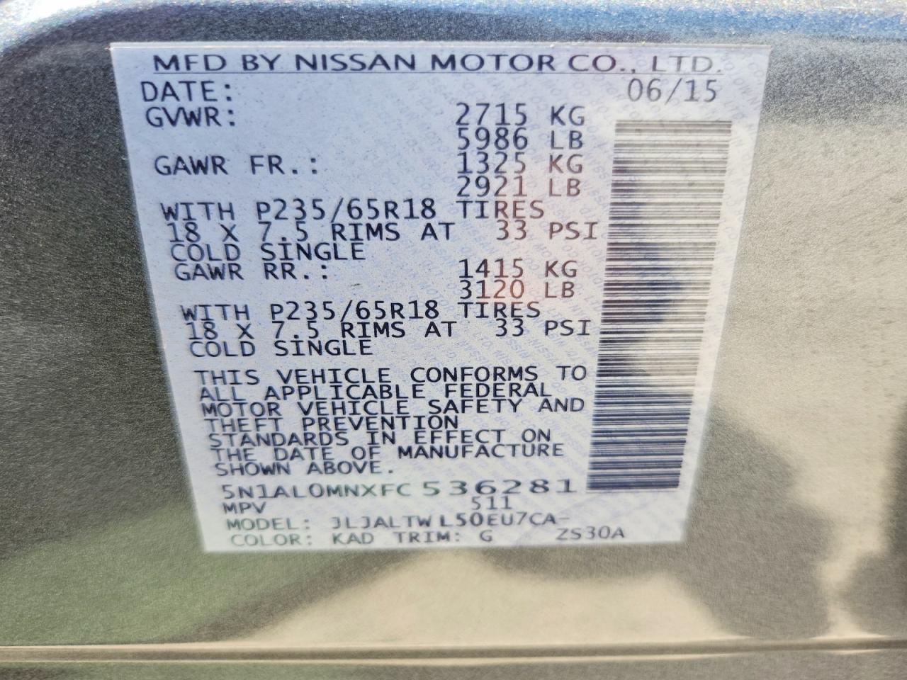 2015 Infiniti Qx60 Base Gray vin: 5N1AL0MNXFC536281