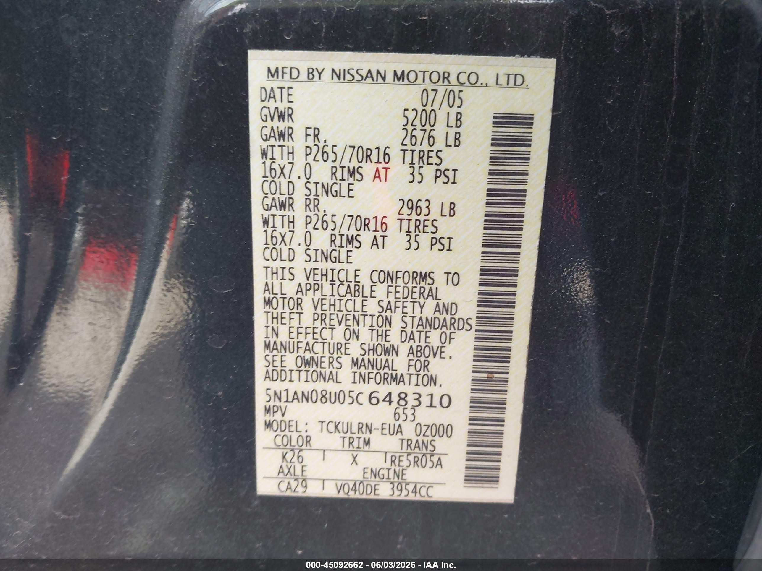 2005 Nissan Xterra S Gray vin: 5N1AN08U05C648310