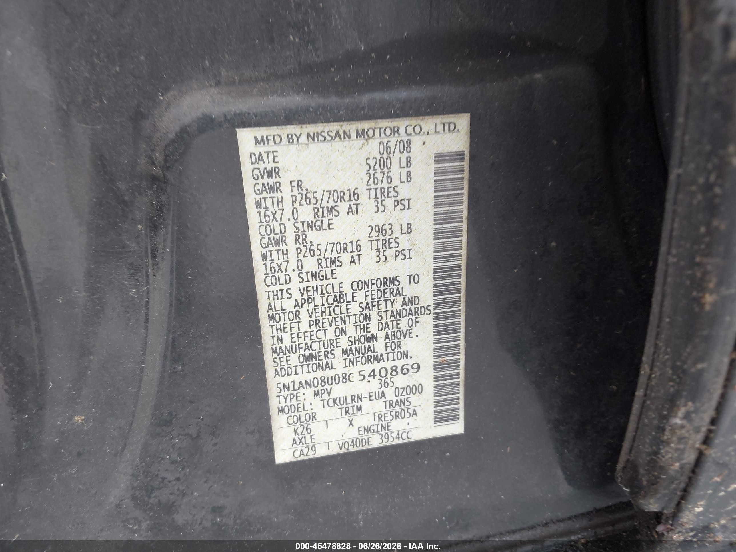 2008 Nissan Xterra S Gray vin: 5N1AN08U08C540869