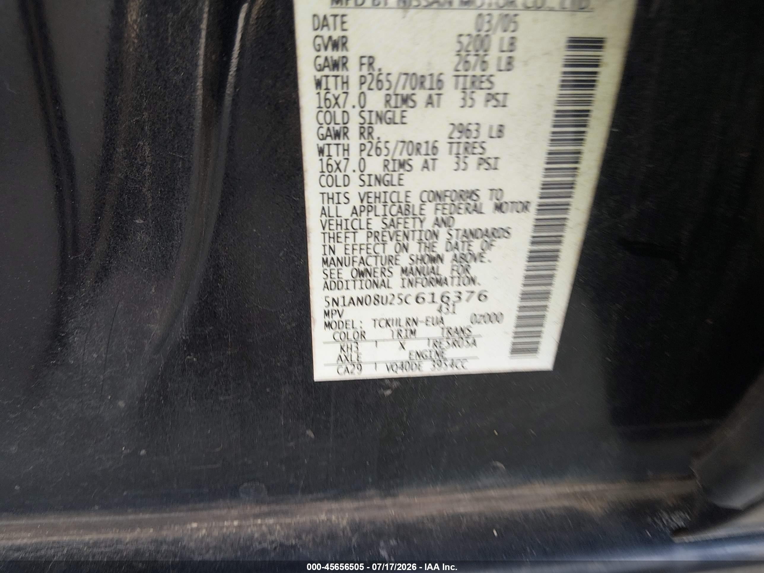2005 Nissan Xterra S Black vin: 5N1AN08U25C616376