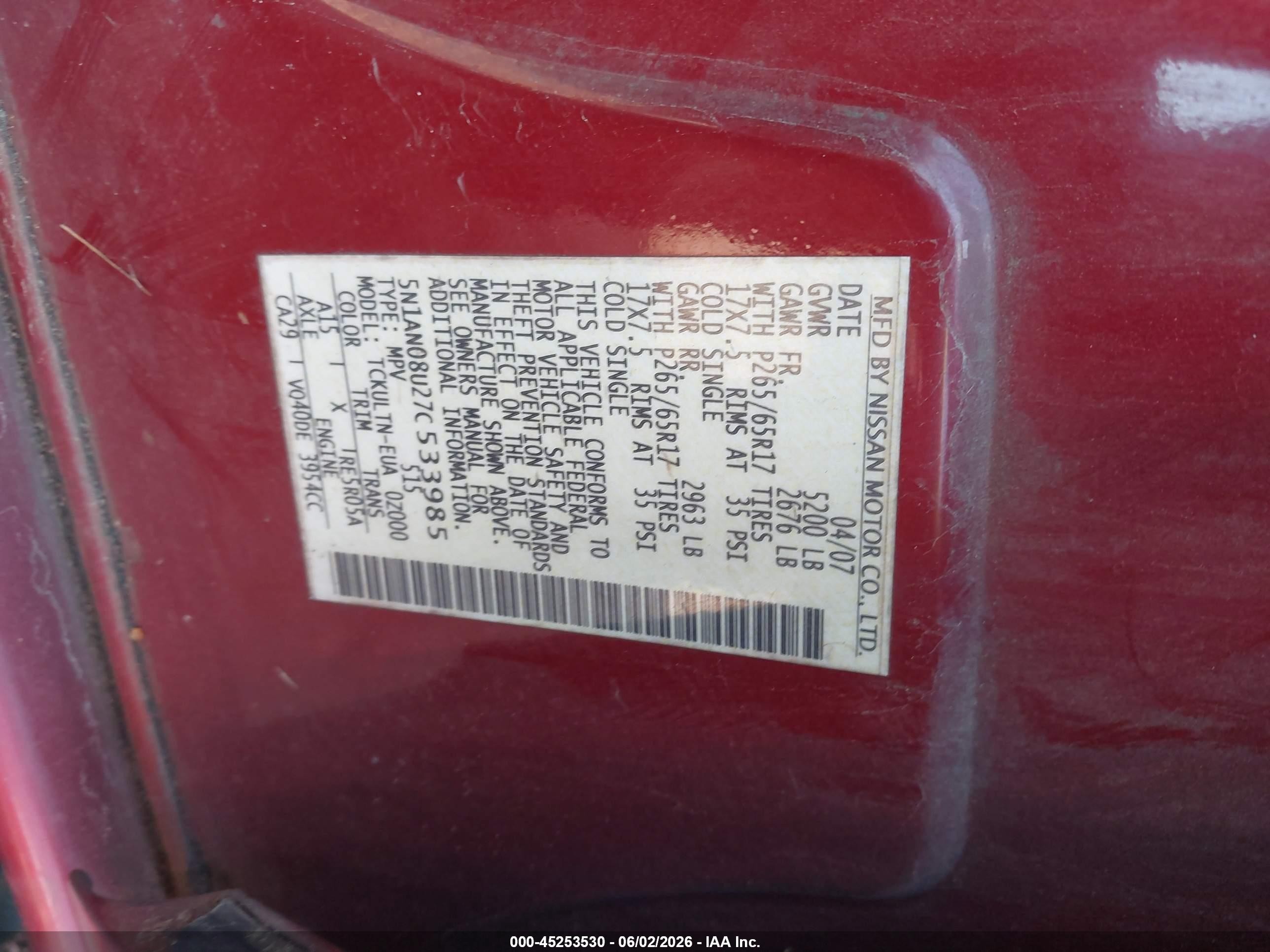 2007 Nissan Xterra Se Maroon vin: 5N1AN08U27C533985