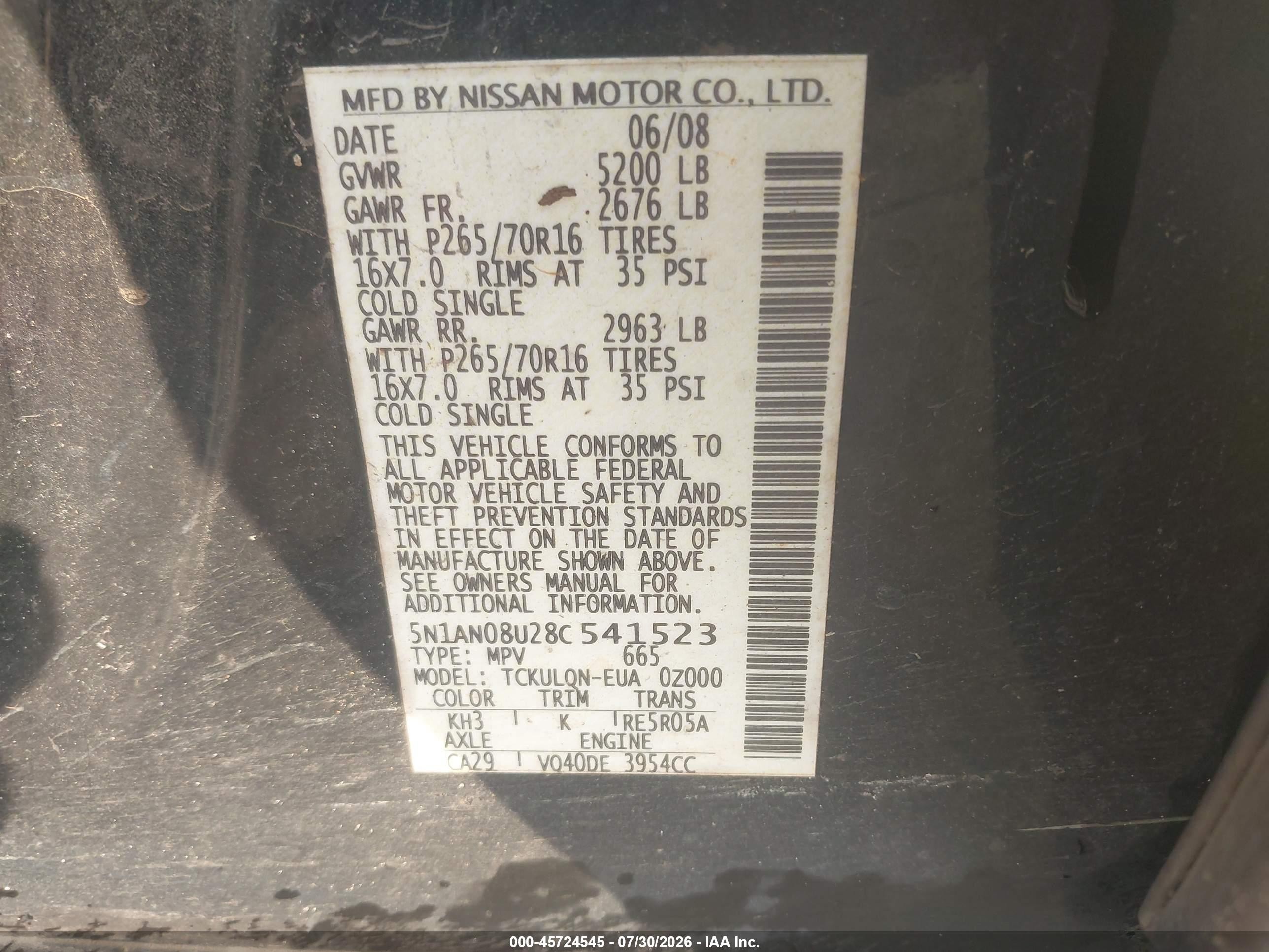 2008 Nissan Xterra X Black vin: 5N1AN08U28C541523