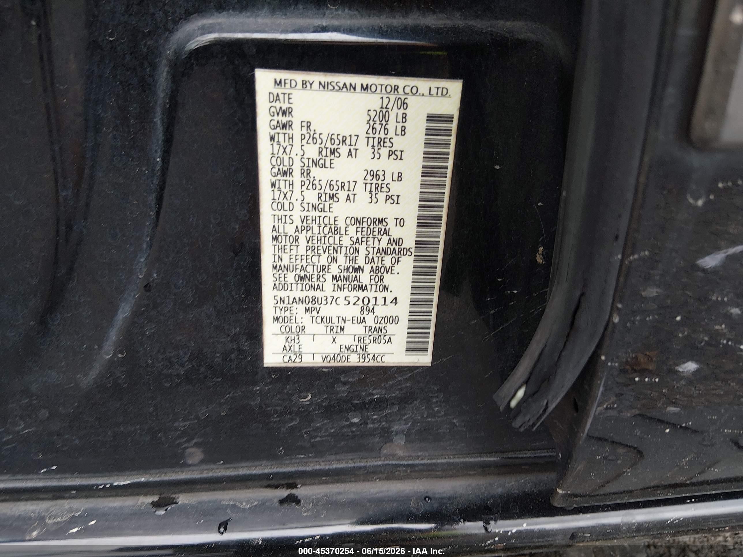 2007 Nissan Xterra Se Black vin: 5N1AN08U37C520114