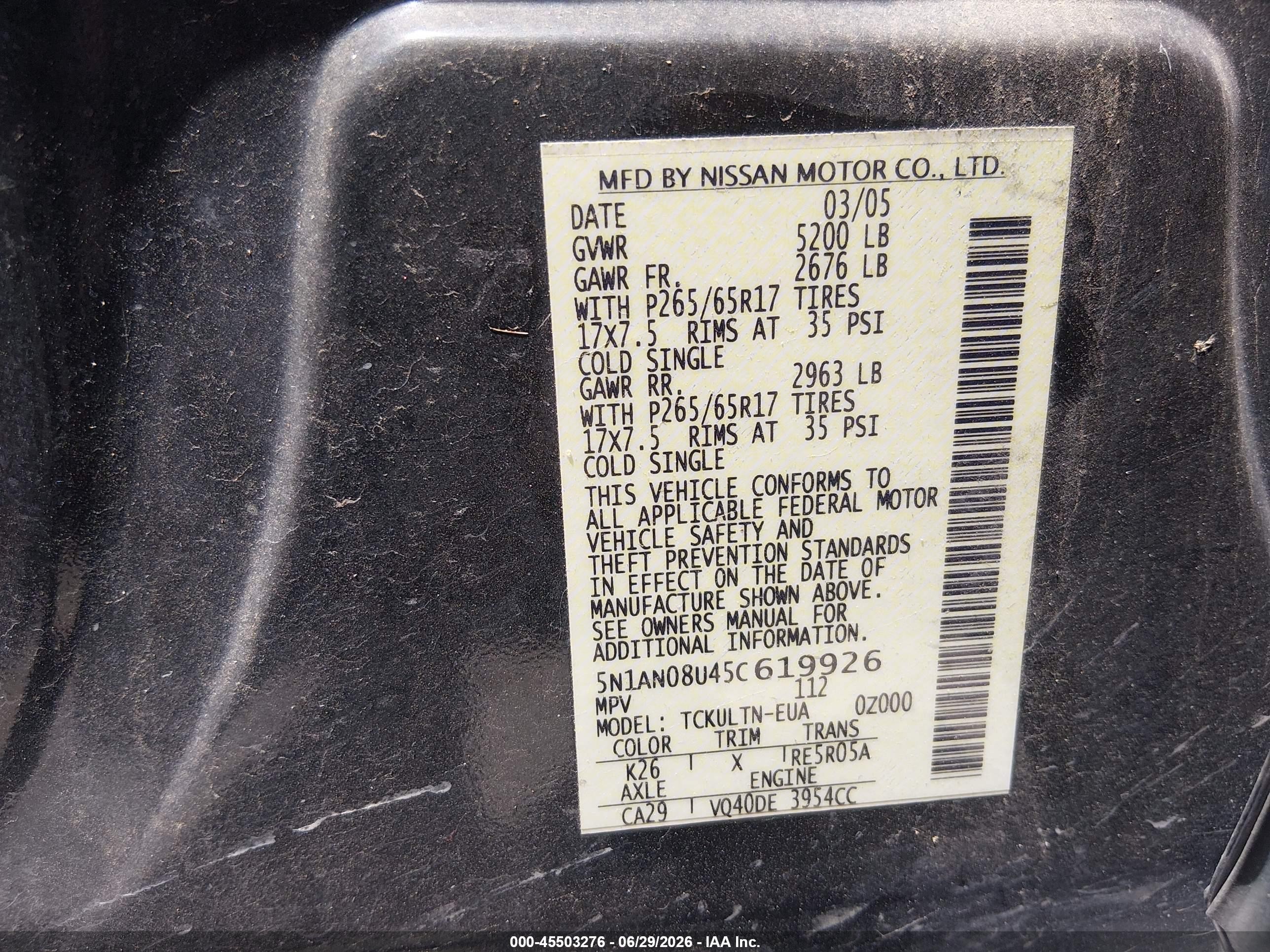 2005 Nissan Xterra Se Gray vin: 5N1AN08U45C619926