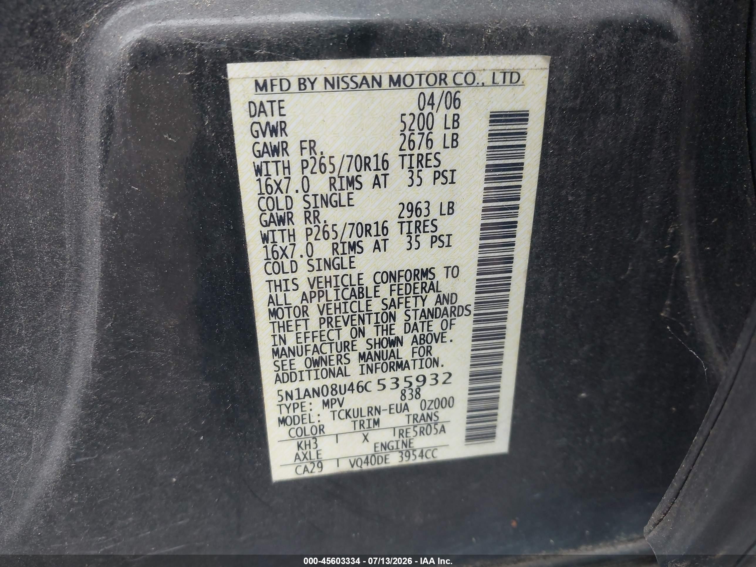 2006 Nissan Xterra S Black vin: 5N1AN08U46C535932