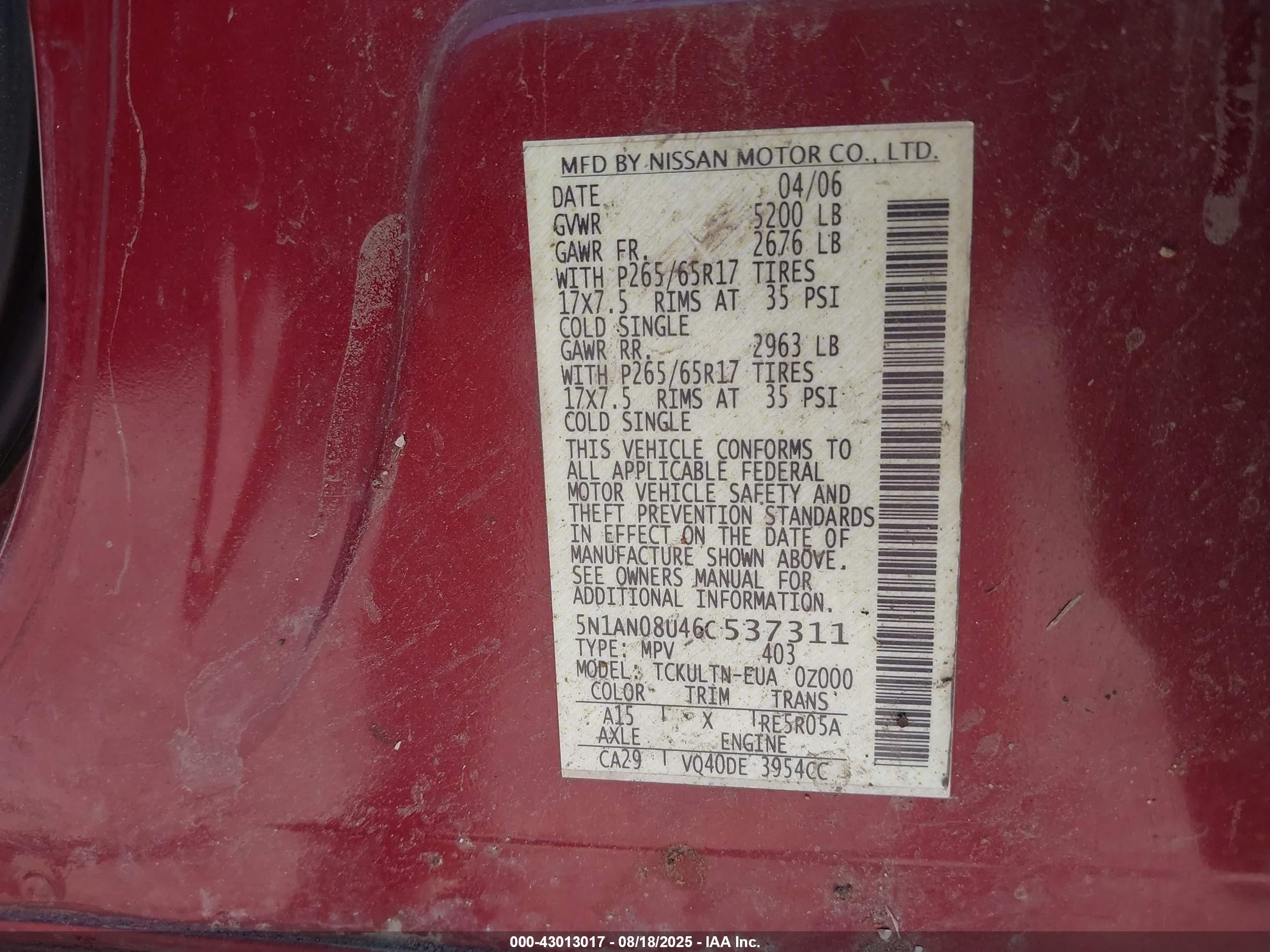 2006 Nissan Xterra Se Темно-бордовый vin: 5N1AN08U46C537311