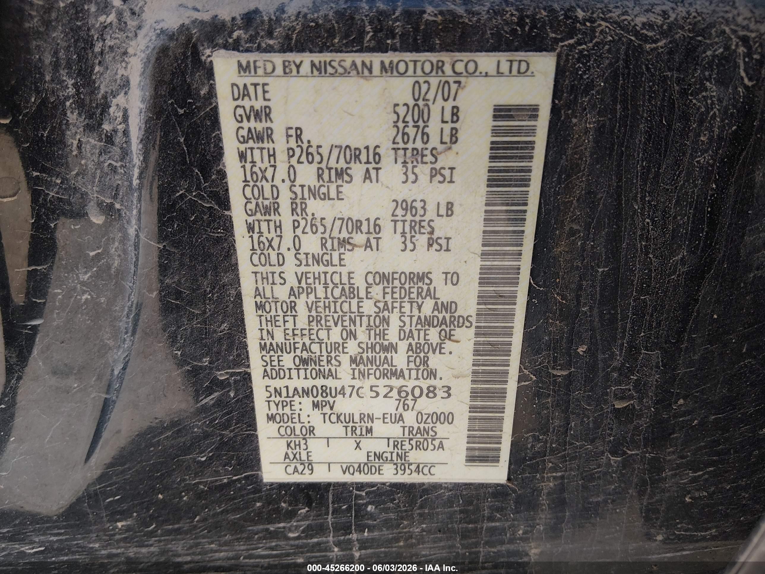 2007 Nissan Xterra S Black vin: 5N1AN08U47C526083