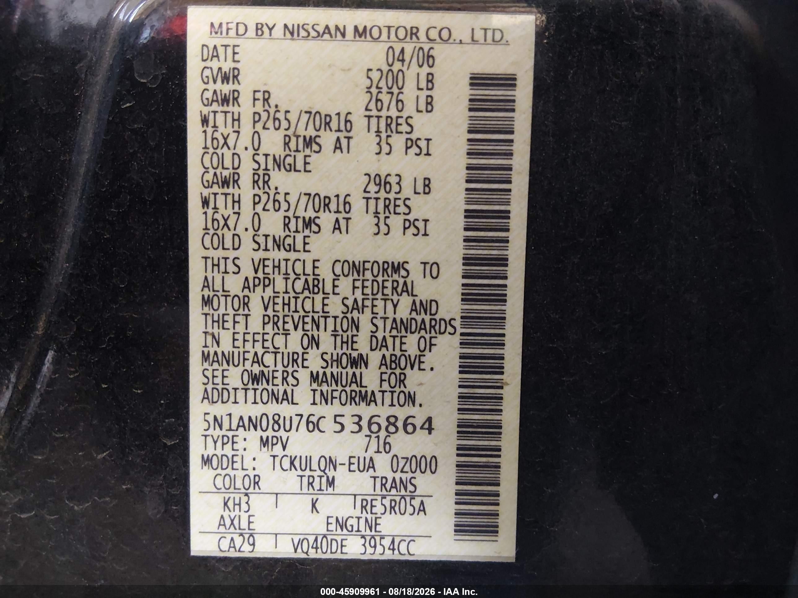 2006 Nissan Xterra X Black vin: 5N1AN08U76C536864