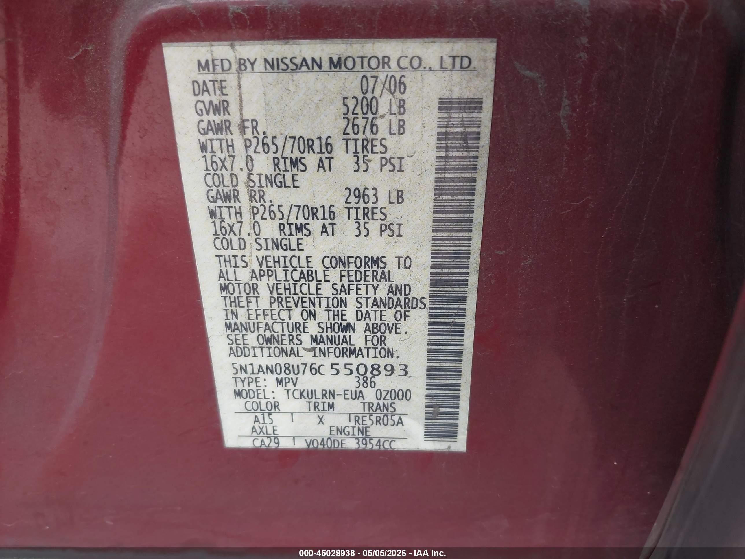 2006 Nissan Xterra S Maroon vin: 5N1AN08U76C550893