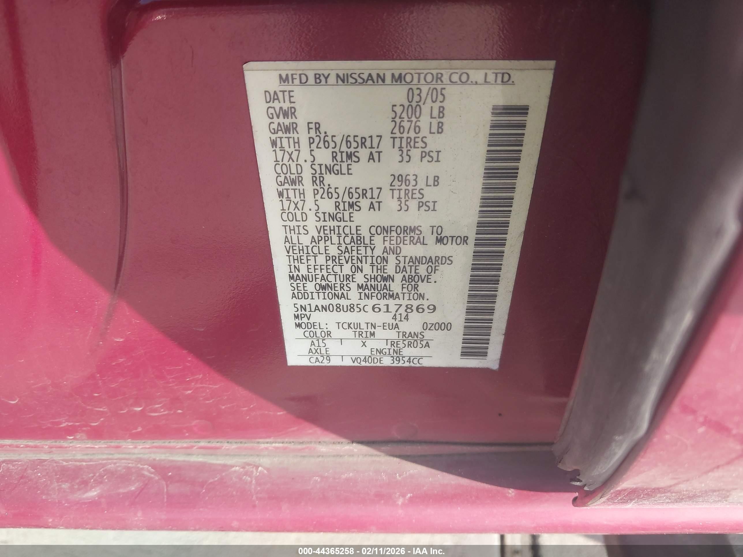 2005 Nissan Xterra Se Maroon vin: 5N1AN08U85C617869