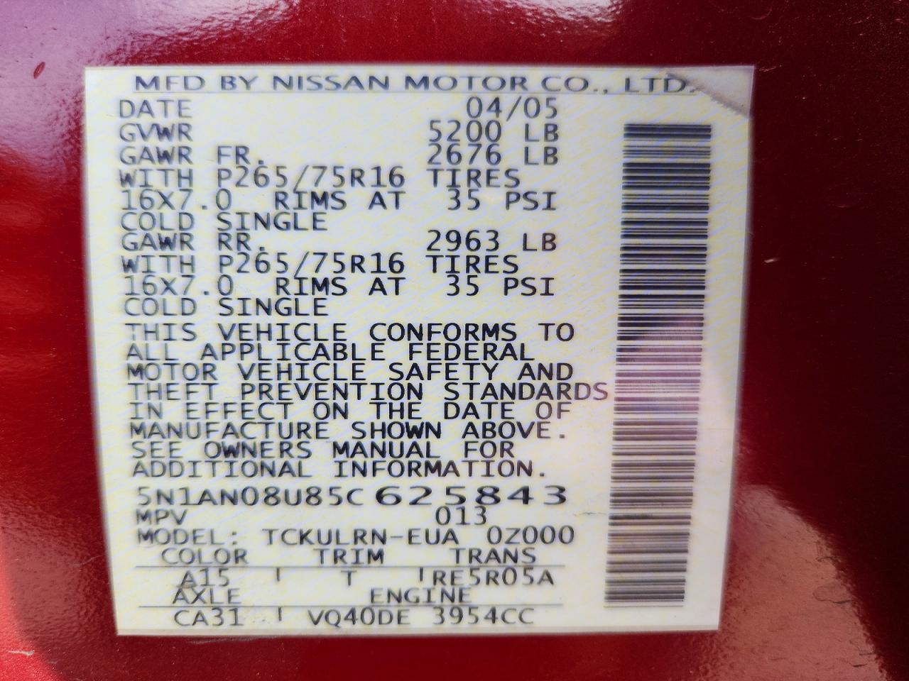2005 Nissan Xterra S Red vin: 5N1AN08U85C625843