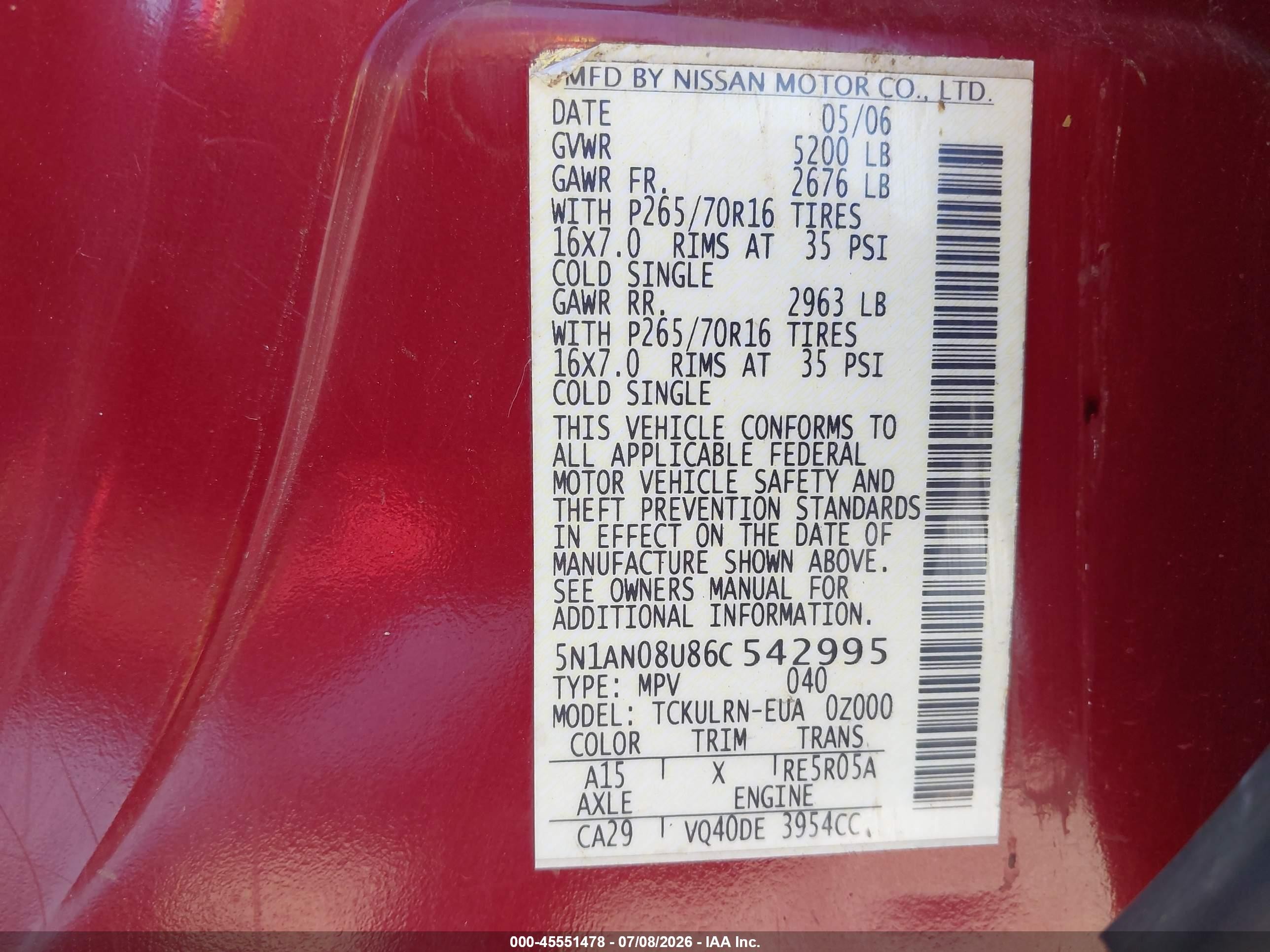 2006 Nissan Xterra S Red vin: 5N1AN08U86C542995