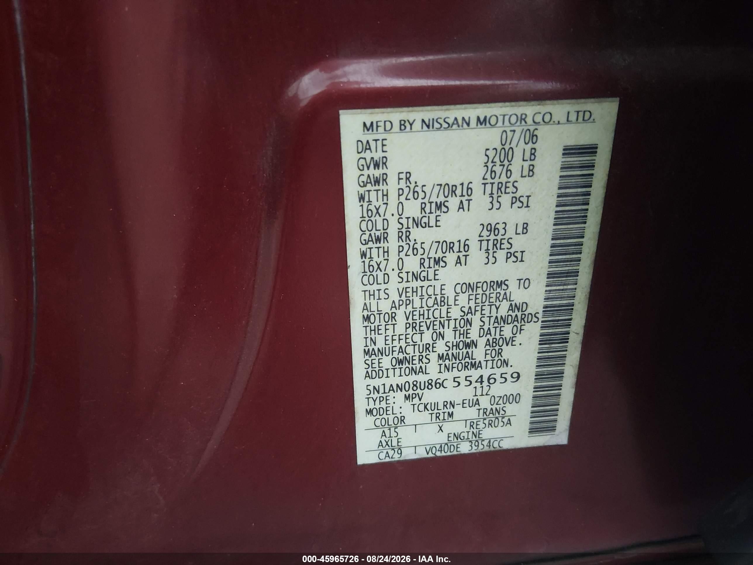 2006 Nissan Xterra S Burgundy vin: 5N1AN08U86C554659