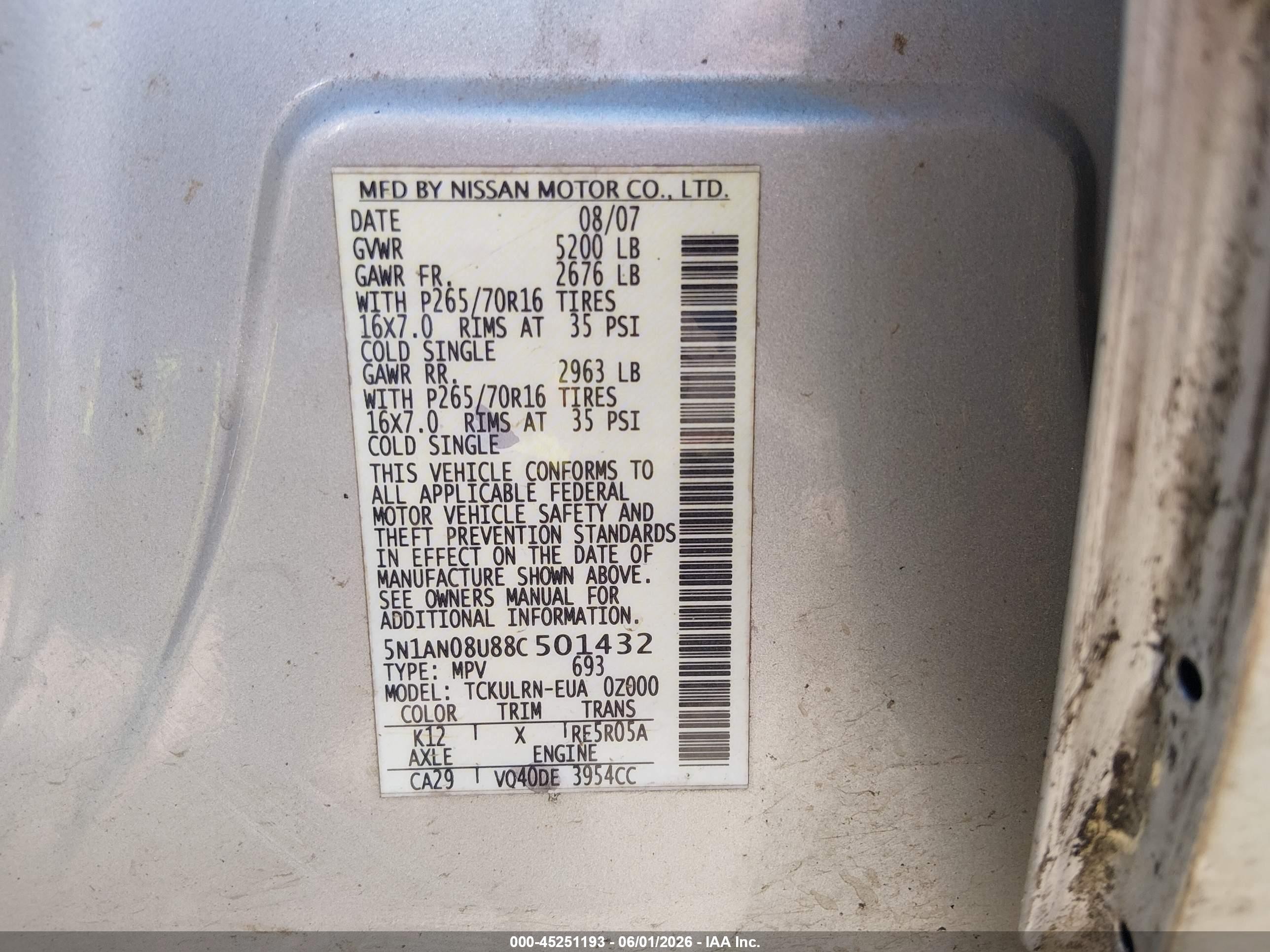 2008 Nissan Xterra S Silver vin: 5N1AN08U88C501432
