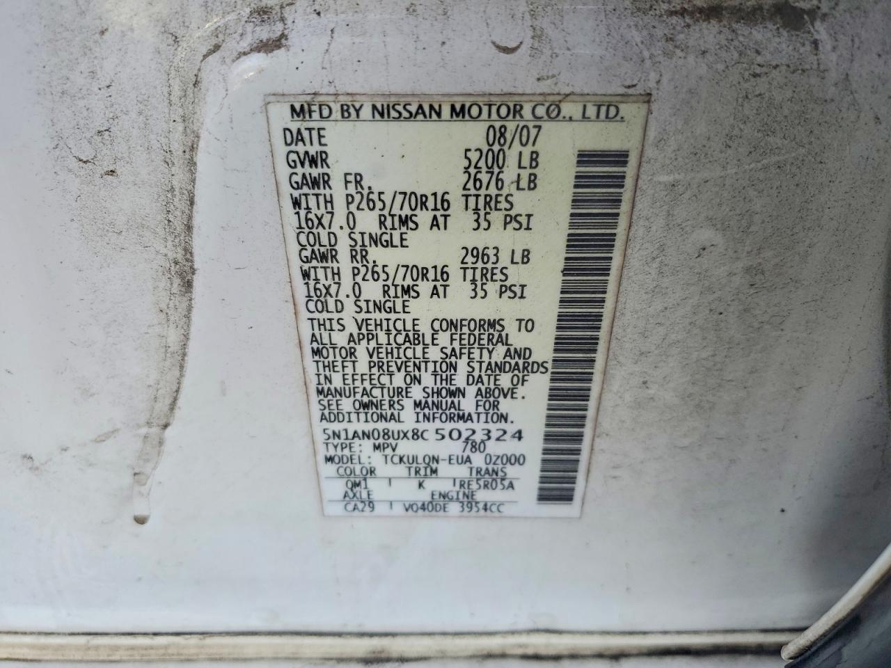 2008 Nissan Xterra X White vin: 5N1AN08UX8C502324