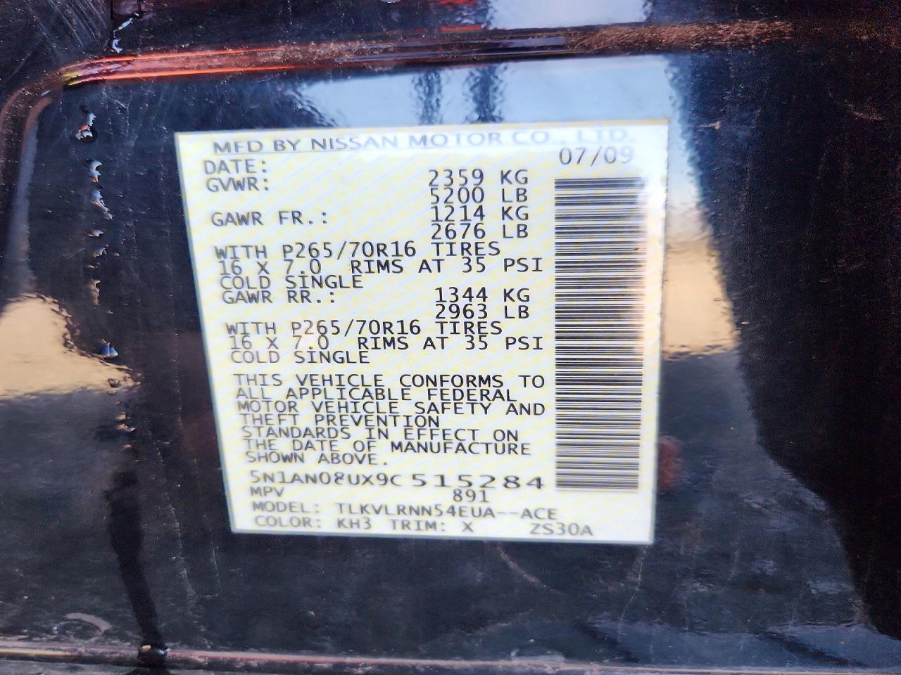 2009 Nissan Xterra X Black vin: 5N1AN08UX9C515284