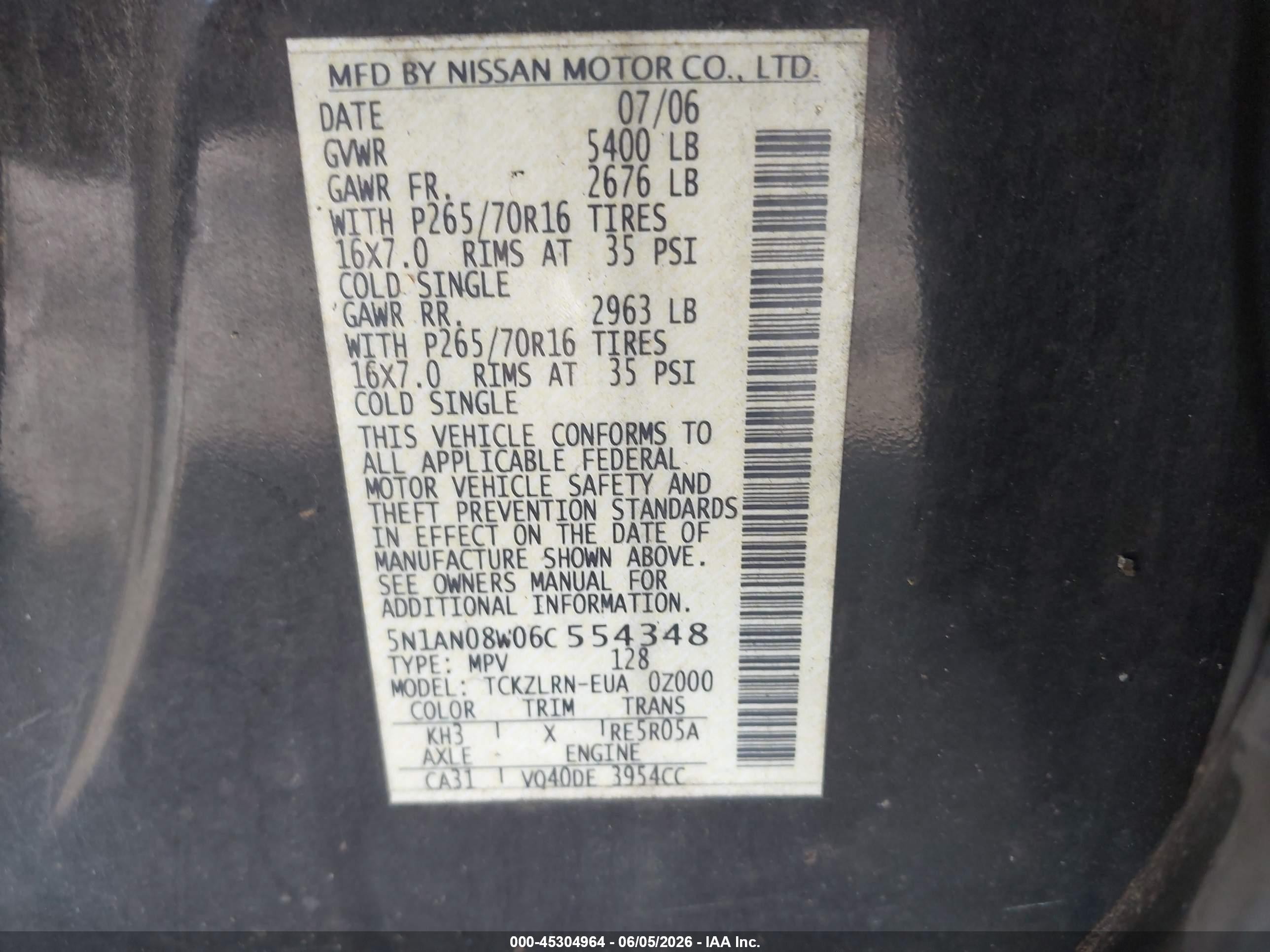 2006 Nissan Xterra S Black vin: 5N1AN08W06C554348
