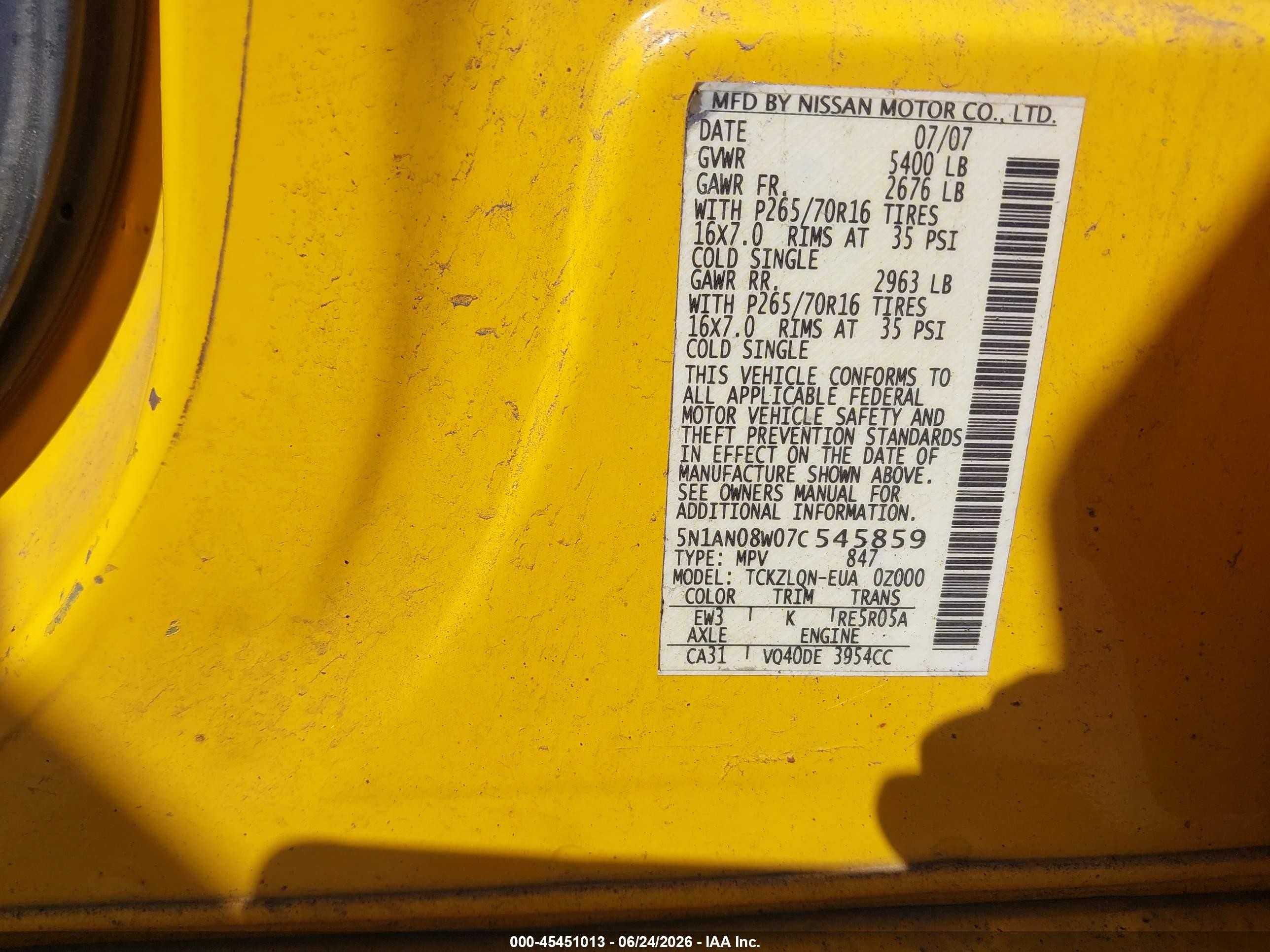 2007 Nissan Xterra X Yellow vin: 5N1AN08W07C545859