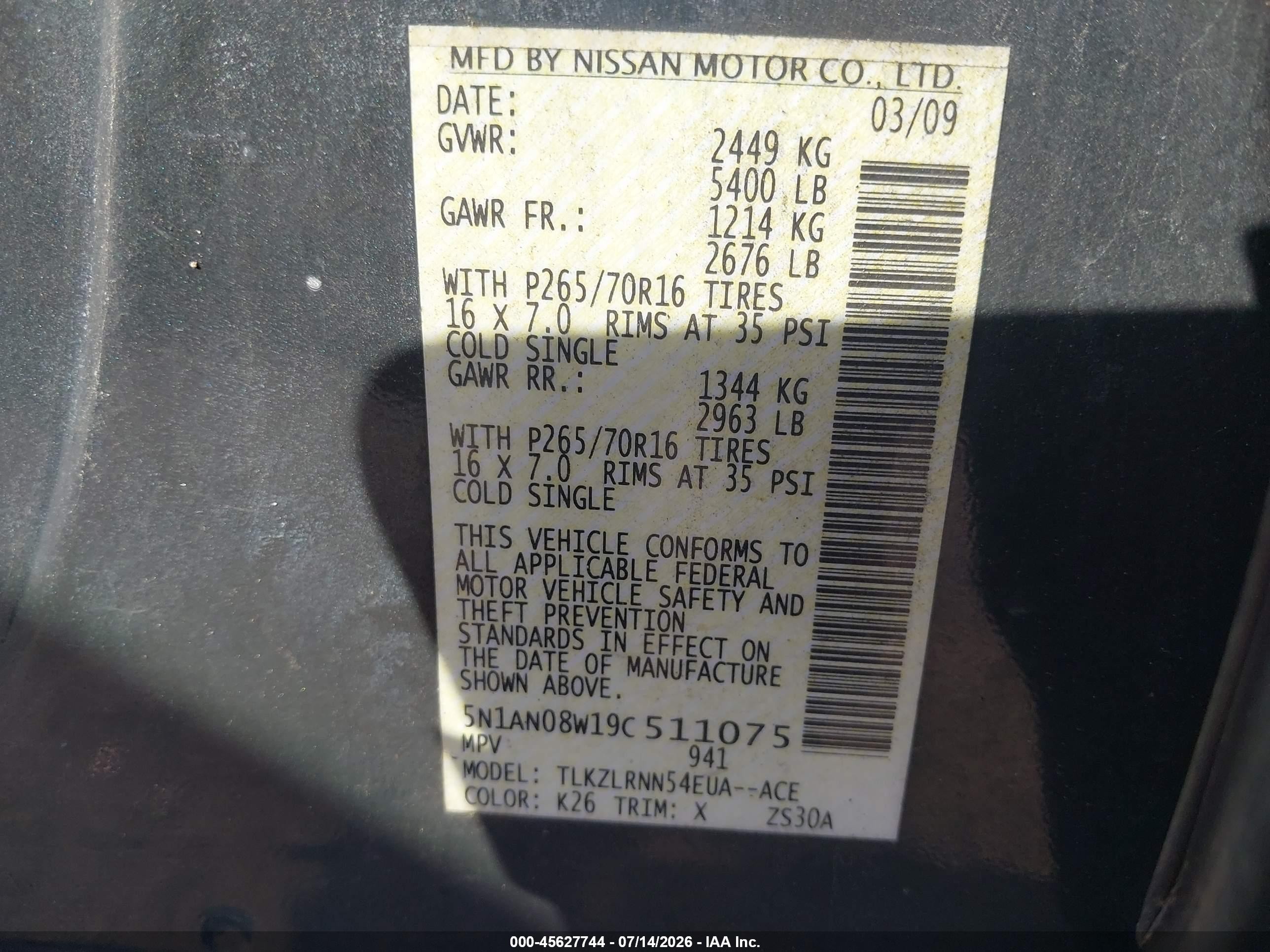 2009 Nissan Xterra S Gray vin: 5N1AN08W19C511075
